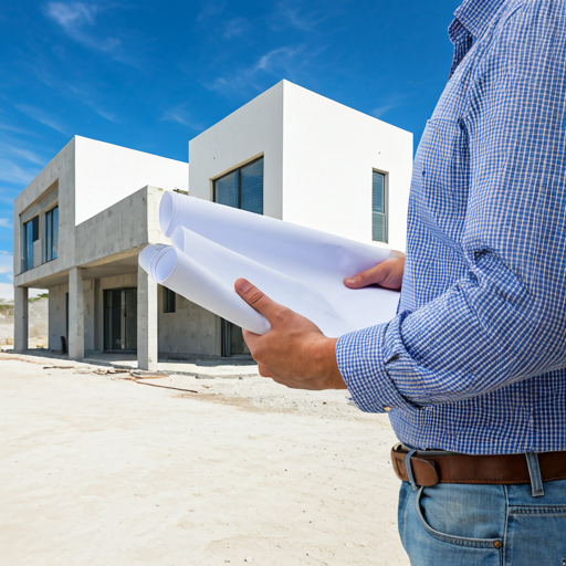 Arquitecto con planos en obra